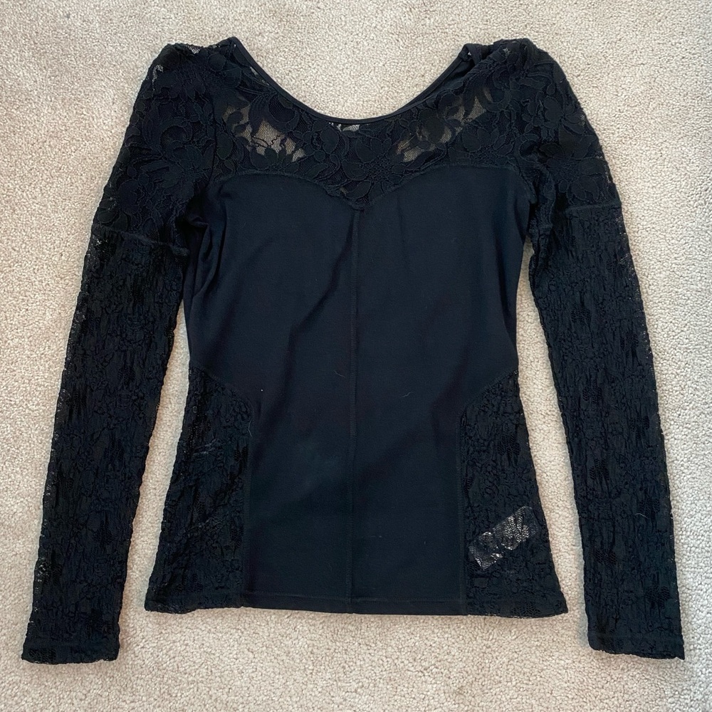 Free People Black Floral Lace Keyhole Top